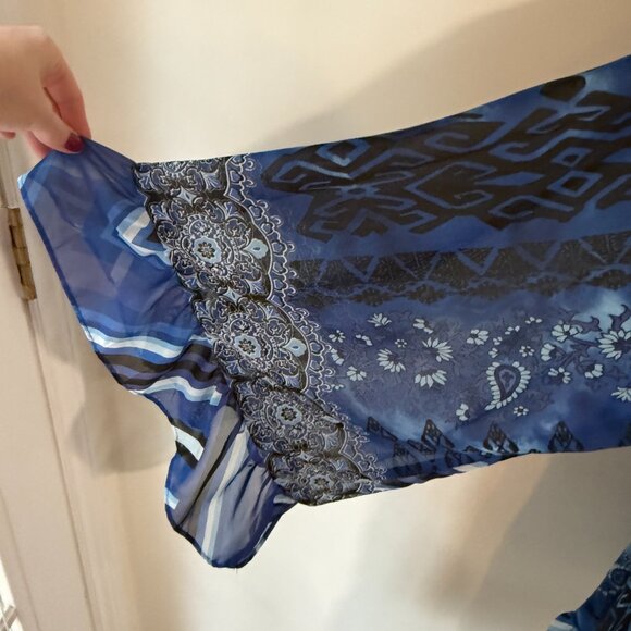 Betsey Johnson Size 14 Blue Boho Dress Bell Ruffle Long Sleeves V-Neck Pattern - Picture 8 of 10